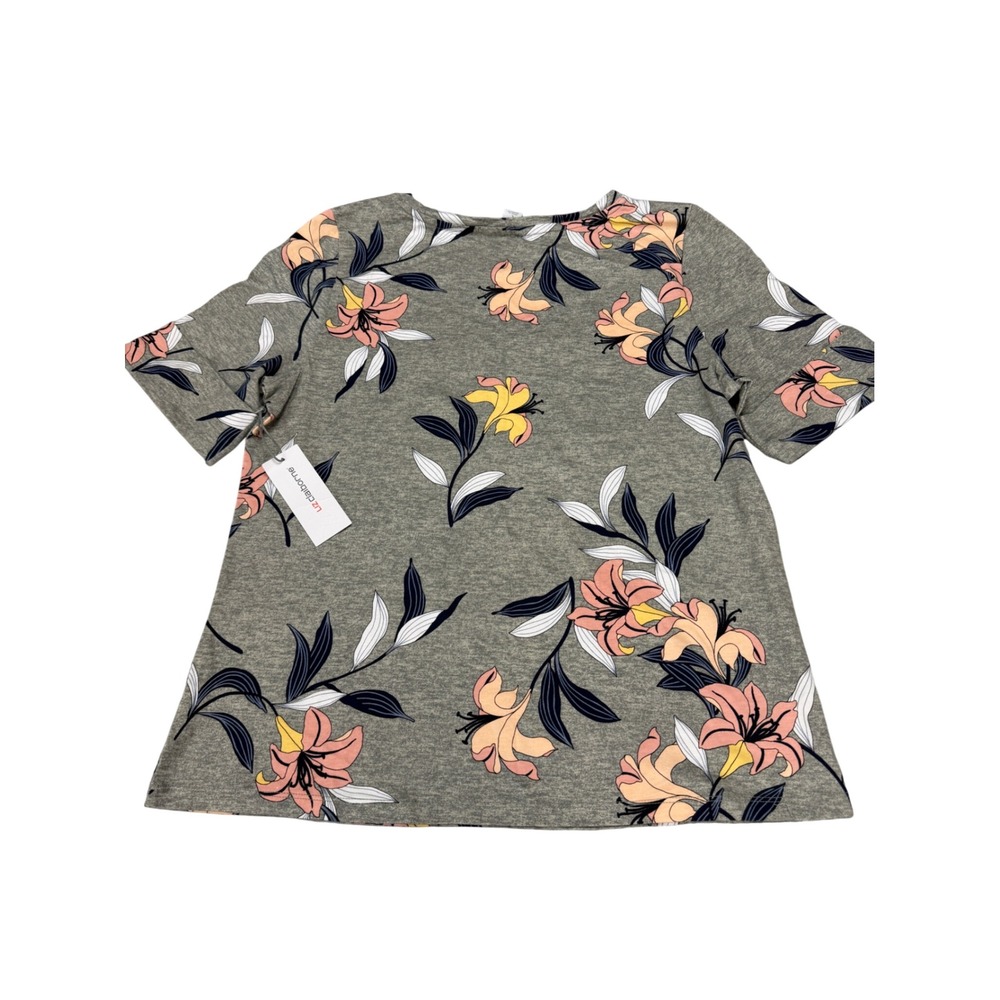 Liz Claiborne Womens Large Grey Heather Floral Lily Short Sleeve Top MSRP $32 - Picture 2 of 11